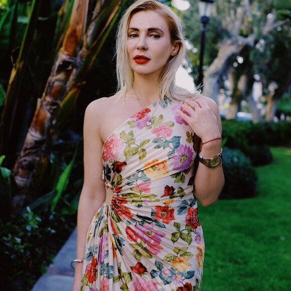 Dress Forum Dresses & Skirts - Romantic Garden Pleated Asymmetric Midi Dress with Cutout